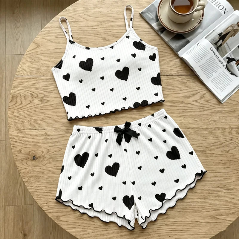 1 Sets Heart Print Bowknot Sleepwear Vest and Shorts Pajamas Set Women Ventilate Suspenders Loungewear Summer Casual Sleepwear