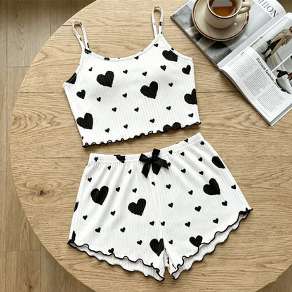 1 Sets Heart Print Bowknot Sleepwear Vest and Shorts Pajamas Set Women Ventilate Suspenders Loungewear Summer Casual Sleepwear