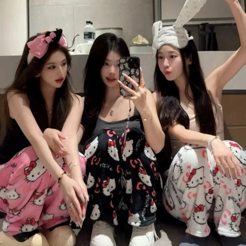 Winter Y2K Kitty Cat Pajamas Pants KT Anime Women's Pajama Pants Cartoon Fashion Home Sleepwear Trousers Leisure Home Clothing