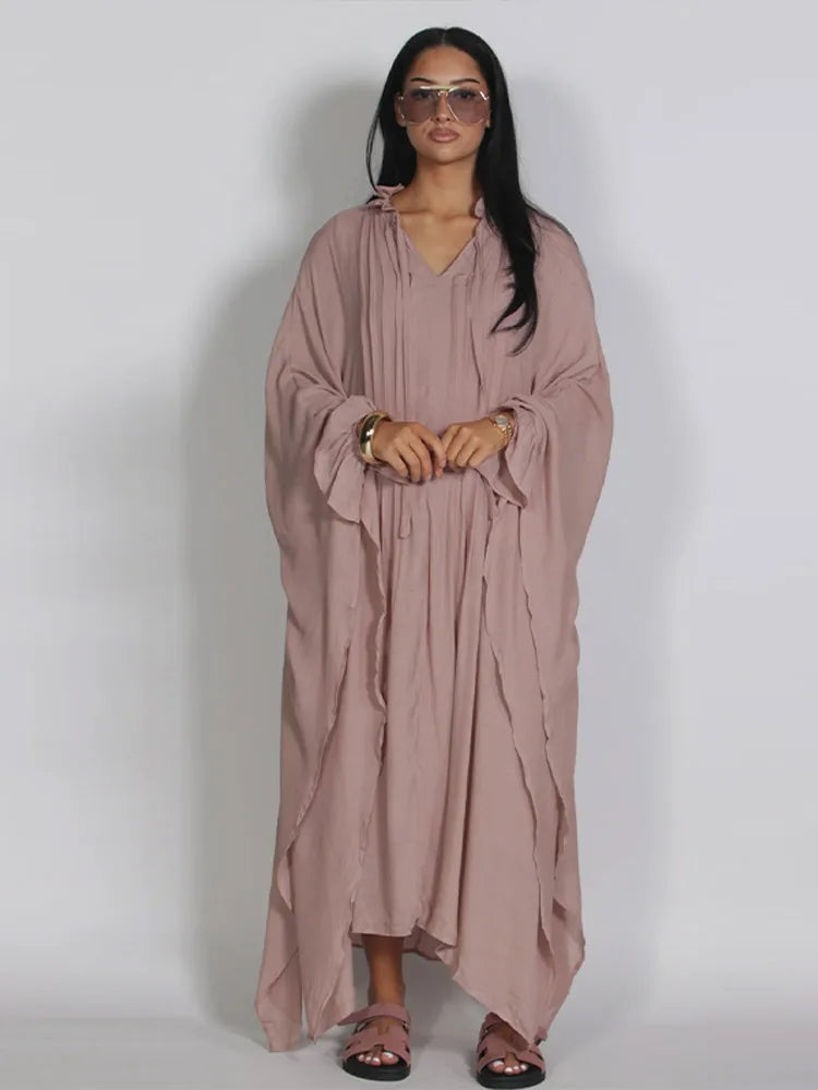 Vestido Maxi Vestidos de Mulher Manga Morcego Bege Folho Decote com Laço Plissado Oversized Roupa de Mulher Roupa Casual Roupa de Verão