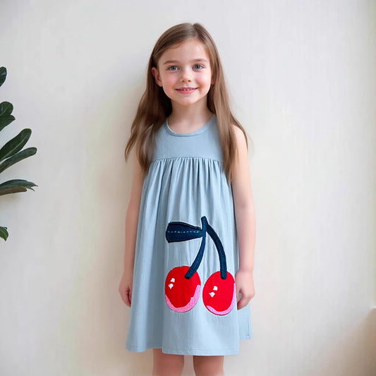 Little maven Little Girls Sleeveless Dresses Summer Children Casual Dresses Cherry Denim Dresses for Kids Clothes Holiday Gifts