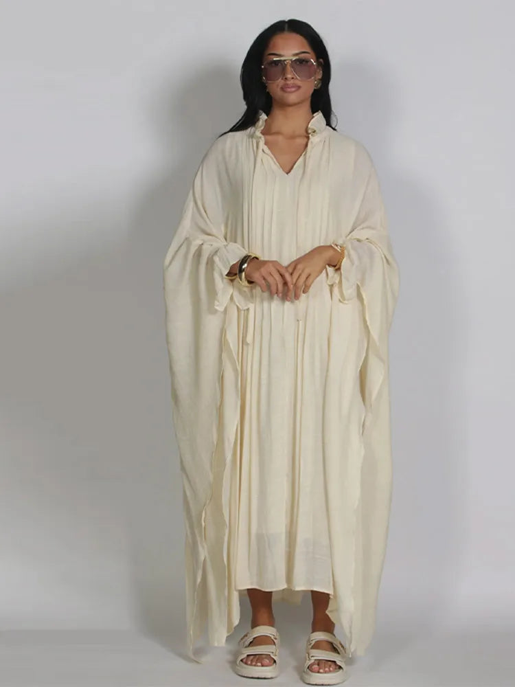 Vestido Maxi Vestidos de Mulher Manga Morcego Bege Folho Decote com Laço Plissado Oversized Roupa de Mulher Roupa Casual Roupa de Verão