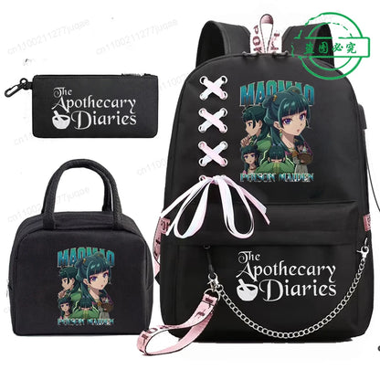 Mochila Escolar Mochila de Estudante Adolescente Bolsa Escolar Os Diários da Boticária Maomao Anime com Lancheiras Portáteis 3 Peças