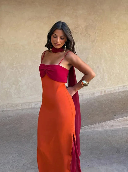 Color Blocking Scarf Collar Sling Dress Sexy Waist Cinching Chic Split Bodycon Maxi Dresses 2026 Lady Club Party Vestido