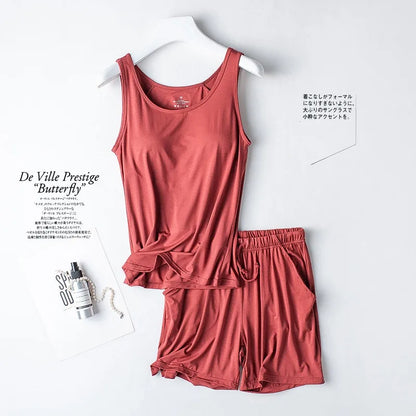 Summer Women's Pajamas Set Modal Cotton Vest Shirt Shorts 2 Pieces Suit Bra Padded Soft Sleepwear Slim Student Nightwear Pijama