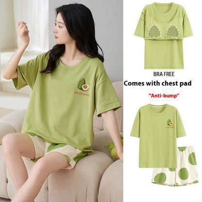 Pajamas Female Summer Short-Sleeved Set of Sweet with Chest Cushion Korean Version of the Cartoon Students Homewear Sleepwear