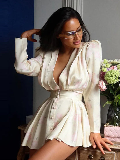 Vestido Elegante Estampado Feminino Decote em V Profundo Manga Comprida Cintura Marcada Vestidos Plissados 2026 Verão Senhora Férias Festa Vestidos
