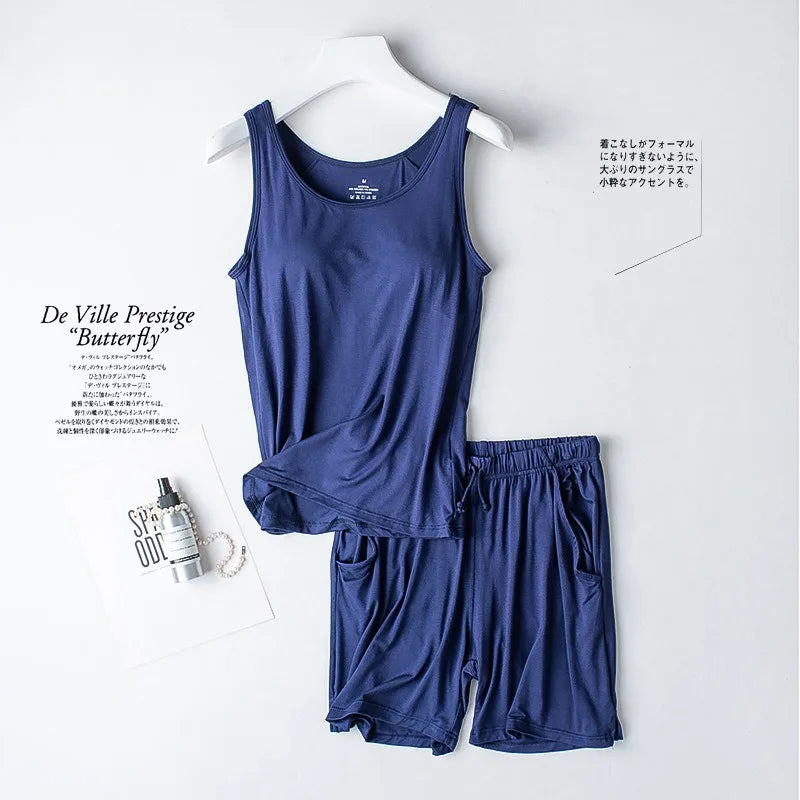Summer Women's Pajamas Set Modal Cotton Vest Shirt Shorts 2 Pieces Suit Bra Padded Soft Sleepwear Slim Student Nightwear Pijama