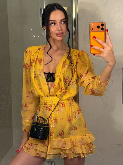 Vestido Curto Elegante com Estampado e Folhos Decote em V Manga Curta Cintado Plissado Mini Vestidos de Festa para Mulher Vestidos 2026