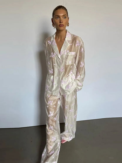 Conjunto de Calças e Top Estampado Sensual Mulheres Manga Comprida Gola, Transparente, Casaco de Botões, Calças Largas, Conjuntos Femininos Verão 2026, Fatos de Senhora