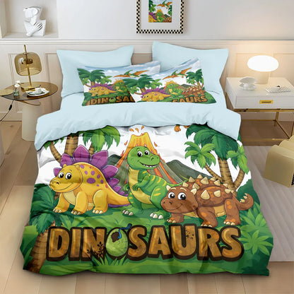 3pcs Cartoon Dinosaur Print Coreless Duvet Set, Multi Size Bedroom Bedding Decoration, Machine Washable