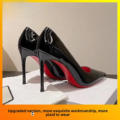 Red Sole High Heels Pointed Toe Sexy Stiletto Night Club Work Shoes Velvet Material Korean Style round Toe Rubber Outsole