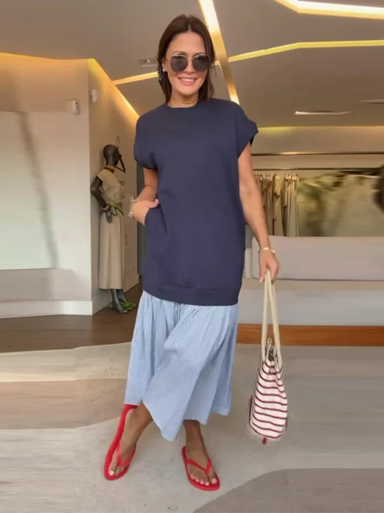 Women Dress Crew Neck Cap Sleeve Color Blocking Midi Dress Loose Fit Pleated Hem Casual Summer Streetwear Office Outfit Dresses