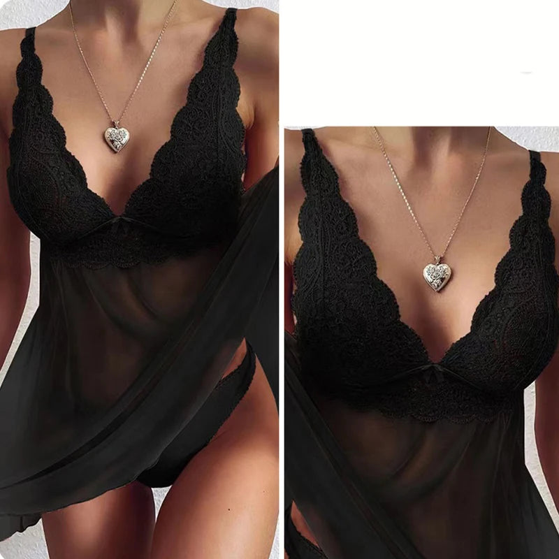 Women's Lace Trim V-Neck Cami Nightdress - Sexy & Elegant Sheer Mesh Sleepwear for Intimate Nights