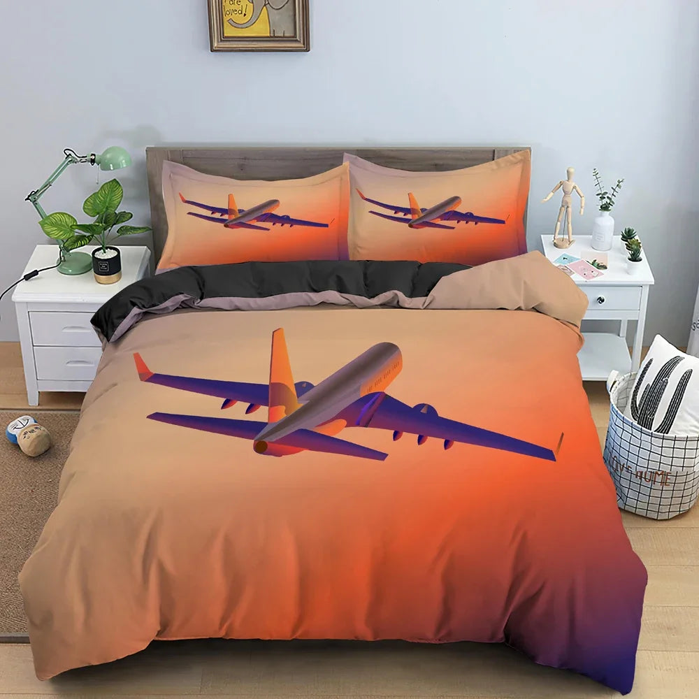 Boys Airplane Duvet Cover Set Children Teens Aviation Aircraft Runway Bedding Set 3D Airplane Cover Room Decortion for Adults