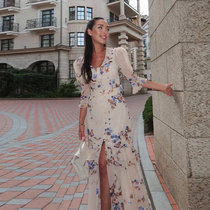Women Orange Paisley Print Short Sleeve Maxi Dress Fashion V-neck Ruffle Trim Belted Slit Hem Dresses 2026 Lady Vacation Gown