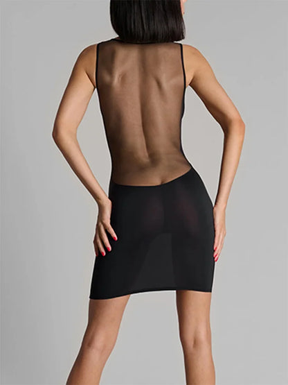 Summer Sexy Sheer Mesh Deep V Neck Backless Sleeveless Bodycon Mini Dress Women Party Clubwear Y2K Aesthetic Night Out Dresses