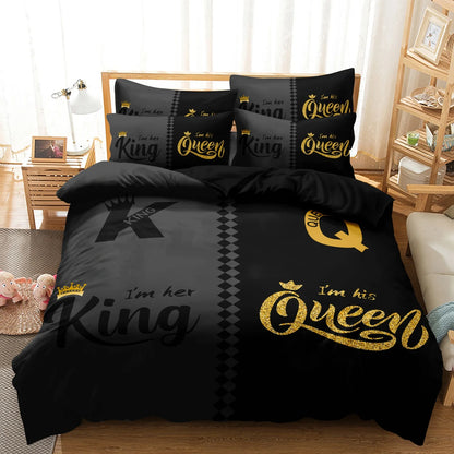 3pcs Black And Gray Crown Letter Duvet Cover Set (1 Duvet Cover + 2 Pillowcases), High-Definition Printing For Home And Dorm Use