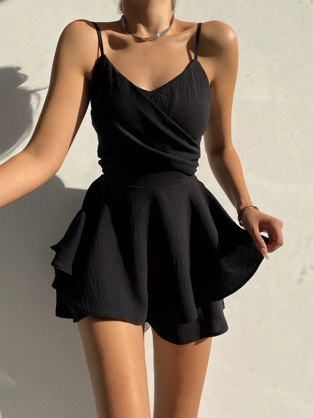 Vestidos Sexy de Alças Finas Y2k Fatos-Macacos Sólidos com Folhos Macacões Casuais de Verão com Costura Peças de Roupa Elegantes Femininas
