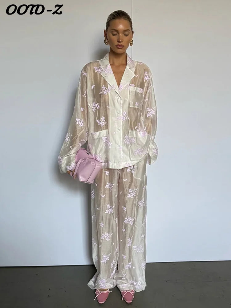 Conjunto de Calças e Top Estampado Sensual Mulheres Manga Comprida Gola, Transparente, Casaco de Botões, Calças Largas, Conjuntos Femininos Verão 2026, Fatos de Senhora