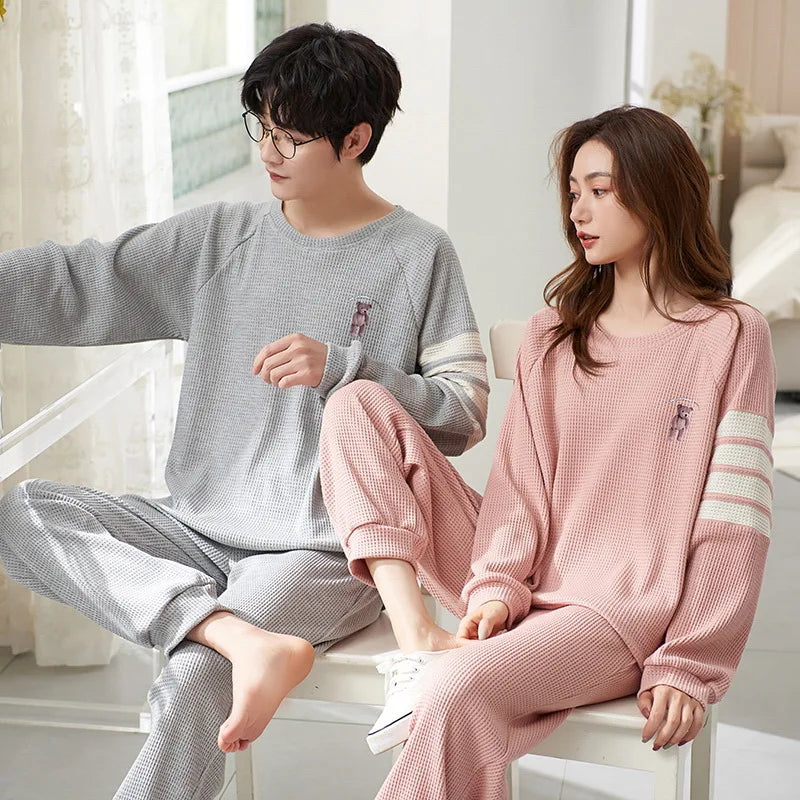 New Long Sleeve Sleepwear Couple Men Women Matching Home Clothes Cotton Cartoon Leisure Nightwear Pajamas Set Lover Loungewear