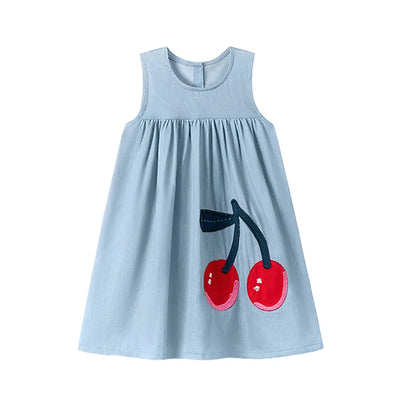 Little maven Vestidos de verão sem mangas para meninas, vestidos casuais infantis, vestidos de ganga com cerejas, roupa para crianças, presentes de Natal