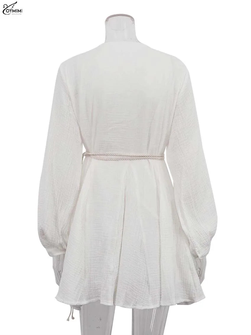 Oymimi Vestidos de Algodão Bege Elegantes para Mulher Moda Gola V Manga Comprida Vestidos com Atacadores Vestido Mini Plissado Casual Roupa de Rua