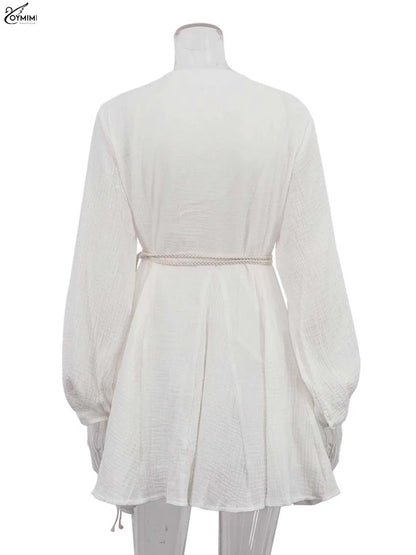 Oymimi Vestidos de Algodão Bege Elegantes para Mulher Moda Gola V Manga Comprida Vestidos com Atacadores Vestido Mini Plissado Casual Roupa de Rua