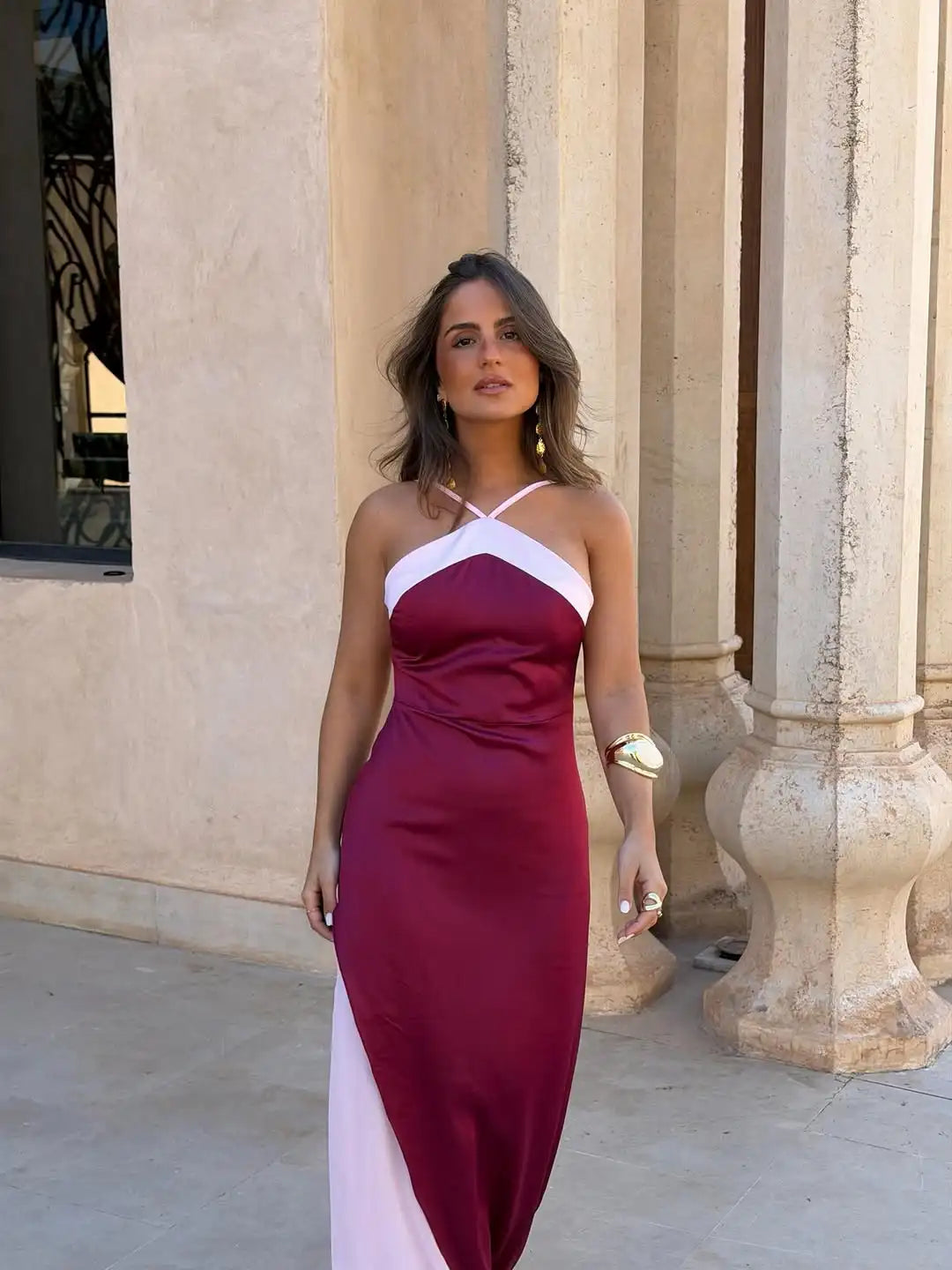 Color Blocking Scarf Collar Sling Dress Sexy Waist Cinching Chic Split Bodycon Maxi Dresses 2026 Lady Club Party Vestido