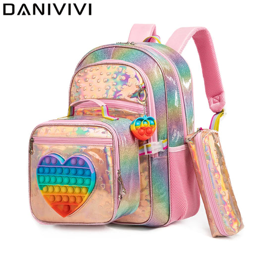 3pcs Sets Cute Love Design Girls' School Backpack Mochilas for Elementary School Bags With Lunch Box Pencil Case Age 6-13
