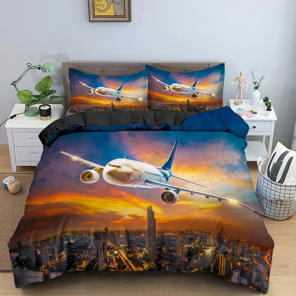 Boys Airplane Duvet Cover Set Children Teens Aviation Aircraft Runway Bedding Set 3D Airplane Cover Room Decortion for Adults