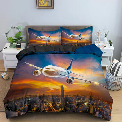 Boys Airplane Duvet Cover Set Children Teens Aviation Aircraft Runway Bedding Set 3D Airplane Cover Room Decortion for Adults