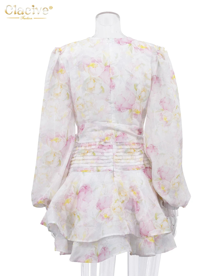 Clacive Sexy Slim Print Women Dress 2026 Fashion V-Neck Long Sleeve Mini Dresses Elegant Classic High Waist Female Dress Streetw