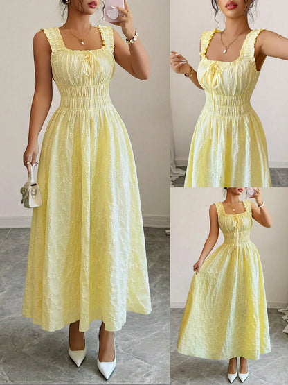 [Vacation Essential] Yellow Smocked Midi Dress, Chic Beach Party Date Night Dress