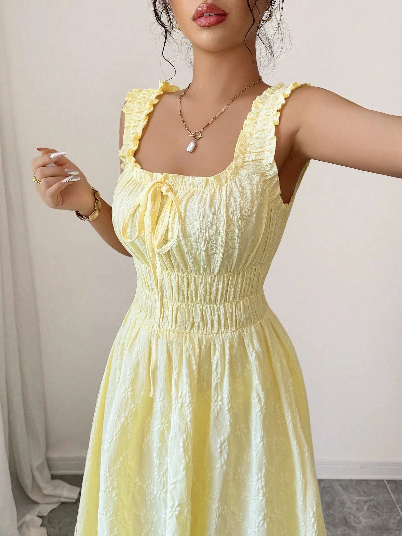 [Vacation Essential] Yellow Smocked Midi Dress, Chic Beach Party Date Night Dress
