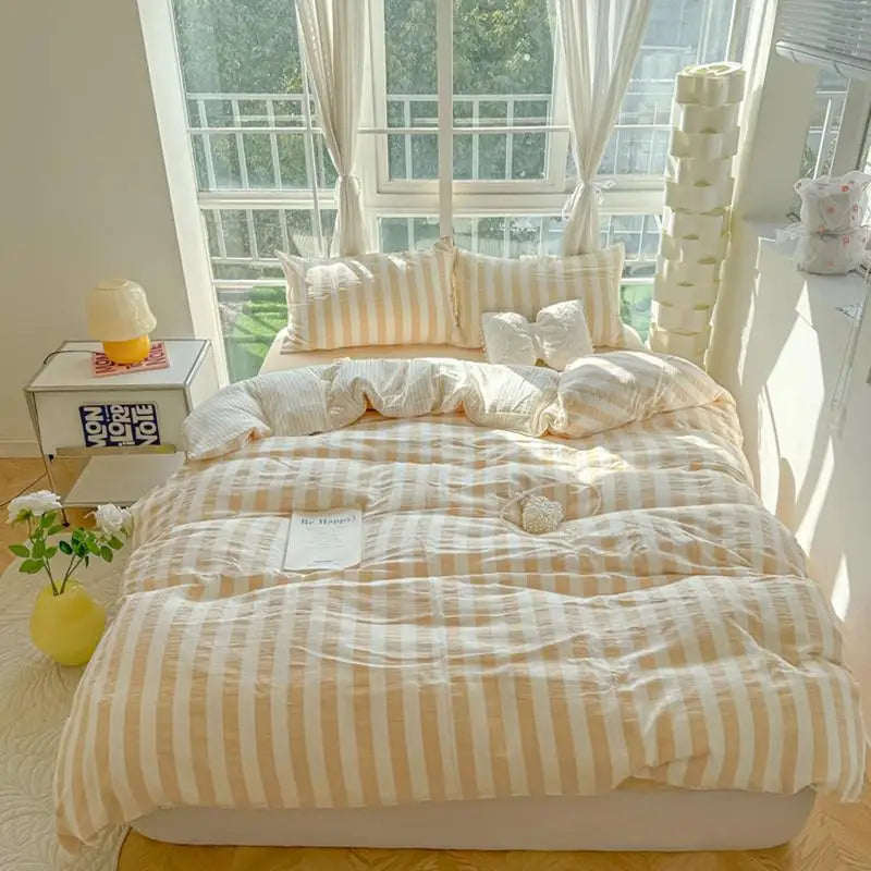 Lightweight Hotel Luxury Duvet Cover 4Pcs Blue White Vertical Stripes Ultra Soft Breathable Comforter Cover Bed Sheet Pillowcase