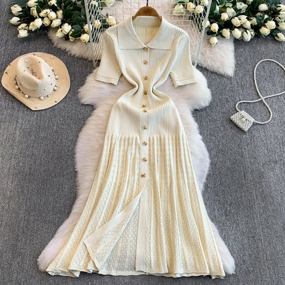 2025 Vestidos de Mulher Linha A Vazados Vestidos Femininos de Malha Vintage Robe Femme Cintura Alta Verão Coreano Vestido de Peitilho Único