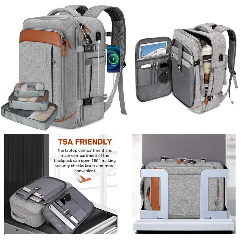 Mochila de viagem com porta de carregamento USB, vários sacos organizadores e compartimento para sapatos, mochila de bagagem de gr