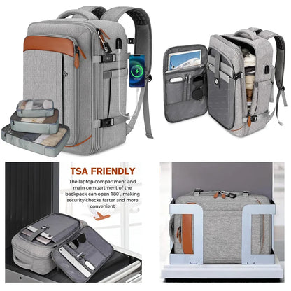 Mochila de viagem com porta de carregamento USB, vários sacos organizadores e compartimento para sapatos, mochila de bagagem de gr