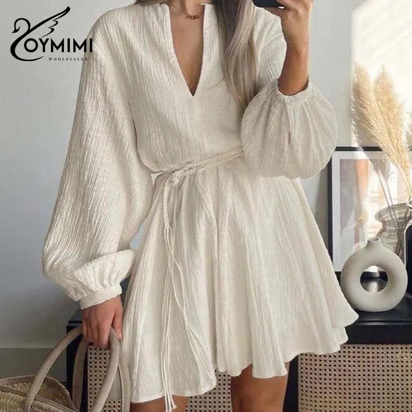 Oymimi Vestidos de Algodão Bege Elegantes para Mulher Moda Gola V Manga Comprida Vestidos com Atacadores Vestido Mini Plissado Casual Roupa de Rua