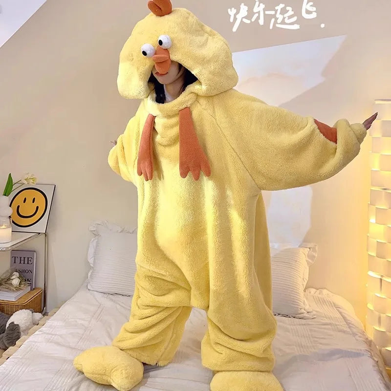New Pajamas Cartoon Anime Sleepwear Little Yellow Chicken Bodysuit Coral Fleece Warm Comfortable Thicken Nightgown Homewear Robe