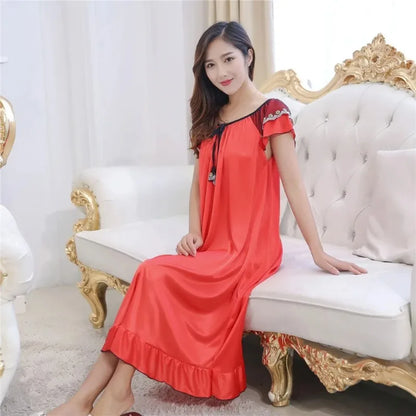 Sexy Nightgown Women 2025 Long Female Summer Short Sleepwear Faux Satin Bow Nightdress Round Neck Nightwear for Ladies  Nighty