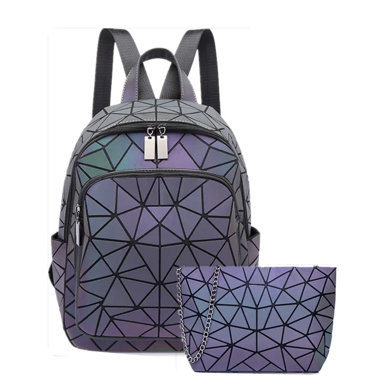 Mochila luminosa feminina em PVC holográfico, geométrica, para meninas adolescentes, mochila escolar, mochila feminina, para viagem, de ombro