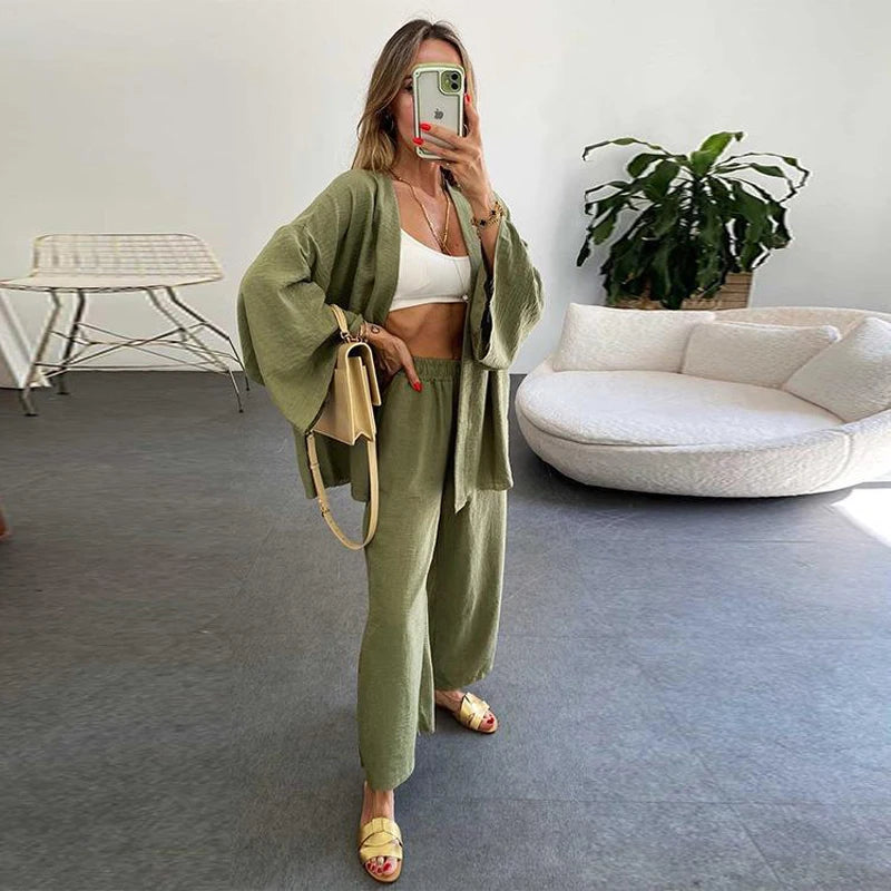 2023 New Womans Suit Autumn Cotton Sleepwear Two-piece Women's Spring Homewear Bat Sleeve Cardigan + Wide Leg Pants Suit Ladies