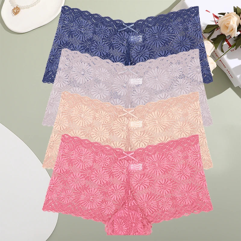 4pcs Sexy Lace Transparent Pantie Women Hollow  Boxers Low Waist Soft Lingerie Soft Comfortable Intimates Panties Sexy Sleepwear