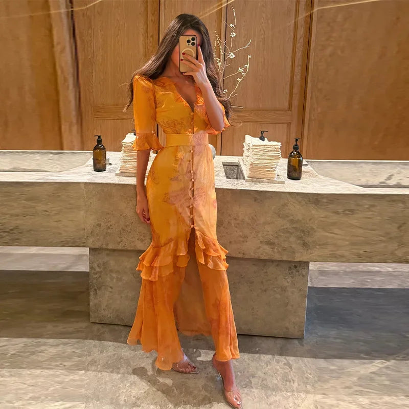 Women Orange Paisley Print Short Sleeve Maxi Dress Fashion V-neck Ruffle Trim Belted Slit Hem Dresses 2026 Lady Vacation Gown