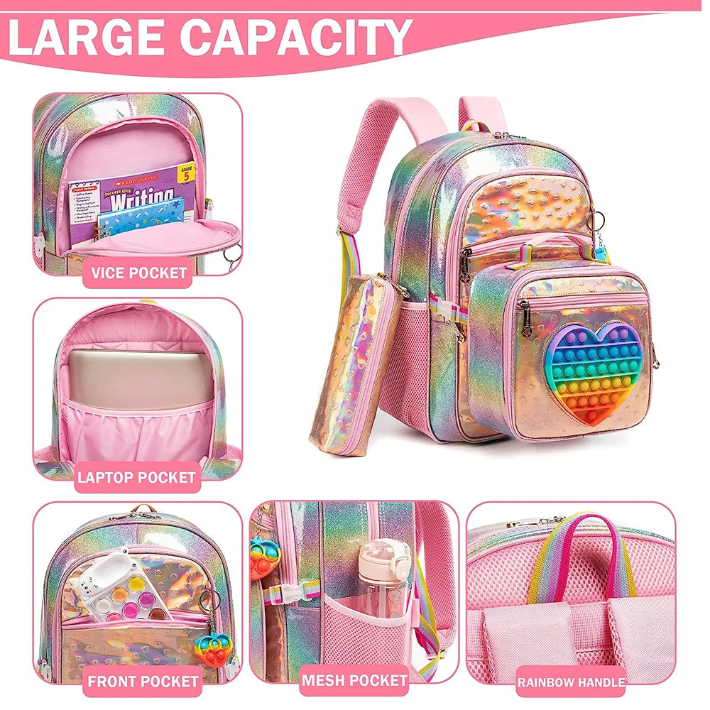 3pcs Sets Cute Love Design Girls' School Backpack Mochilas for Elementary School Bags With Lunch Box Pencil Case Age 6-13