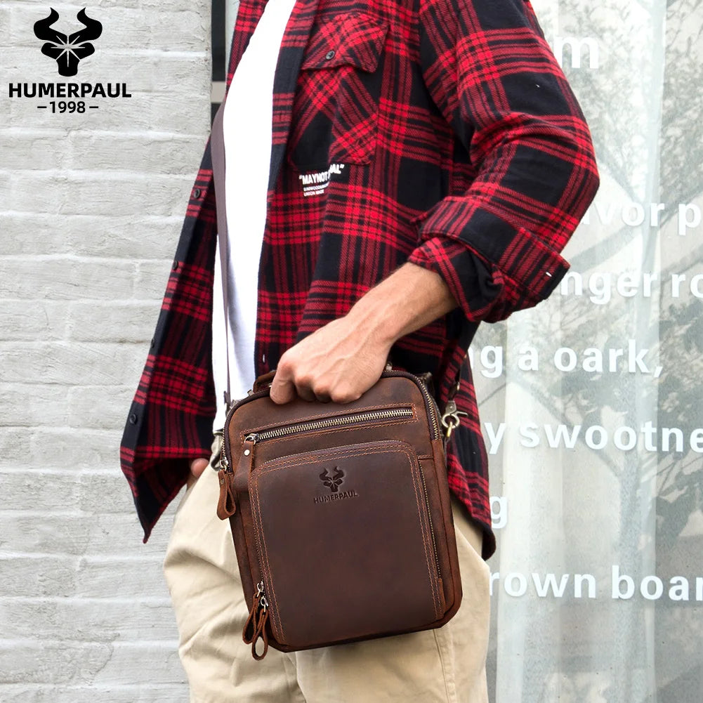 HUMERPAUL Mala de Homem em Couro Genuíno Vintage, Bolsas de Tiracolo, Grande Capacidade, Bolsa de Mensageiro Masculina, Mala de Viagem Bolso Hombres