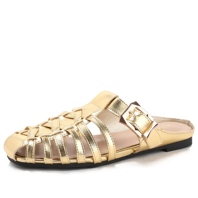 sandalias de mujer Summer mules Flats Sandals New Handmade Woven Breathable Flat Slippers Casual   Leather Women's Slip-on Shoes