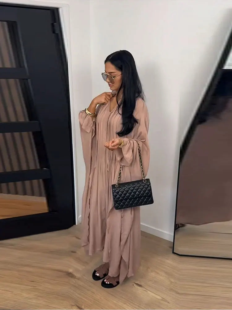 Vestido Maxi Vestidos de Mulher Manga Morcego Bege Folho Decote com Laço Plissado Oversized Roupa de Mulher Roupa Casual Roupa de Verão